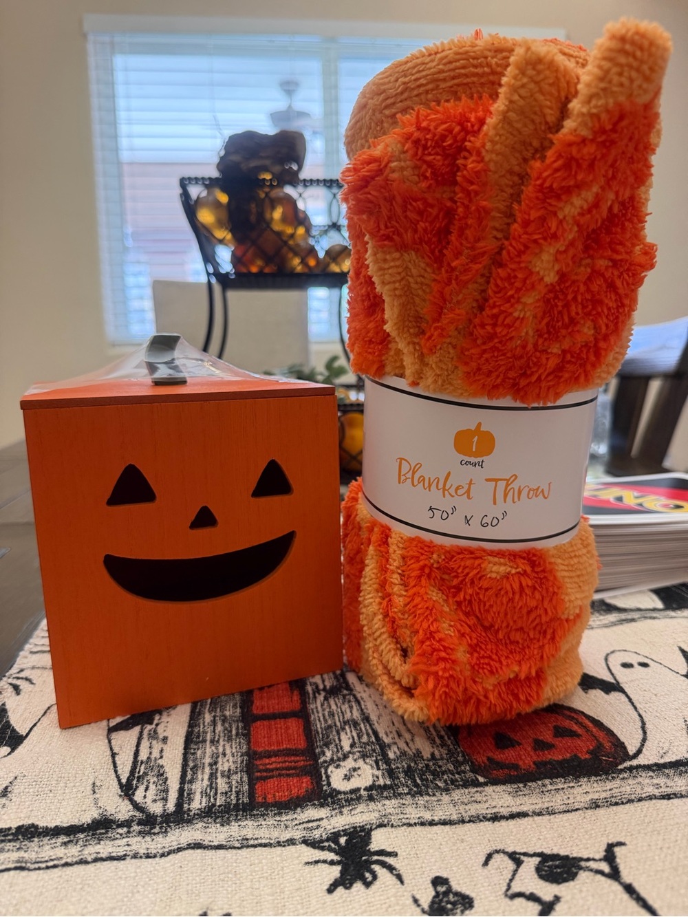 Pumpkin tissue box and Cozy Orange Blanket Throw - Fall Halloween Accent